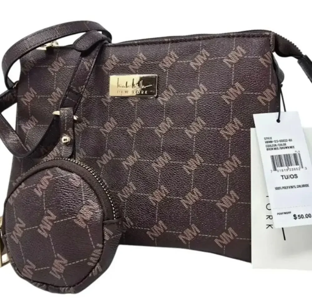Nicole Miller Signature Brown Monogram Crossbody Bag with Gold Hardware